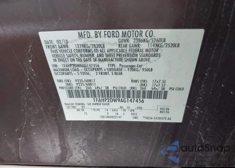 2010 Ford Taurus Se from USA, damaged, VIN 1FAHP2DW9AG147456